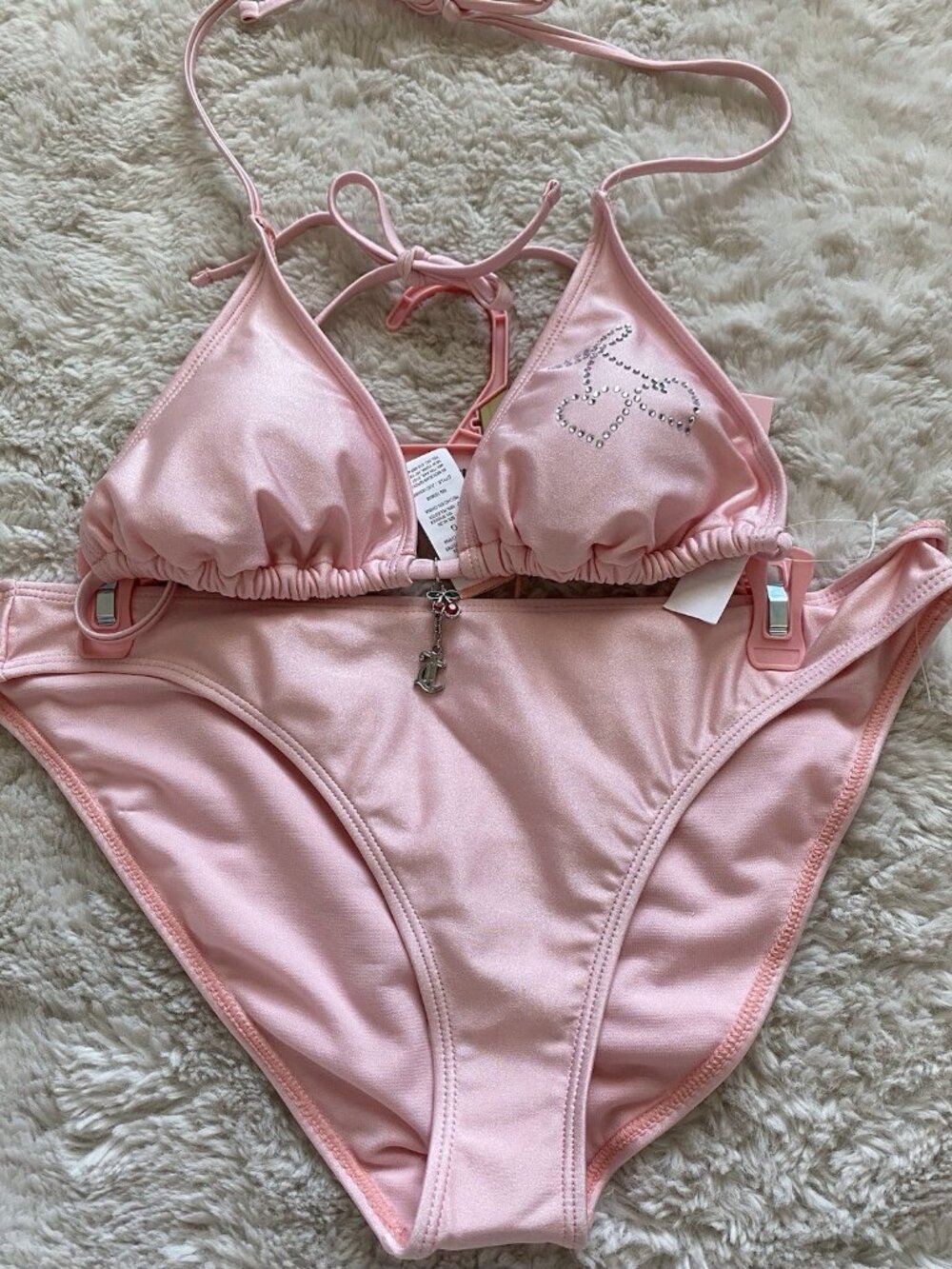 Juicy Couture Double Charm Dangle Triangle Bikini Heart Cherries Pink Size L NEW